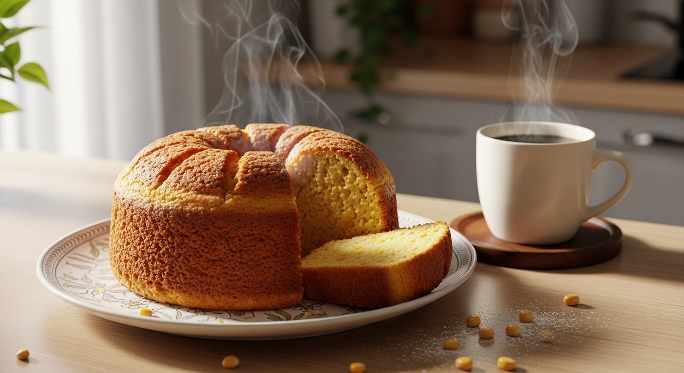 Bolo de milho de liquidificador finalizado e dourado sobre uma travessa