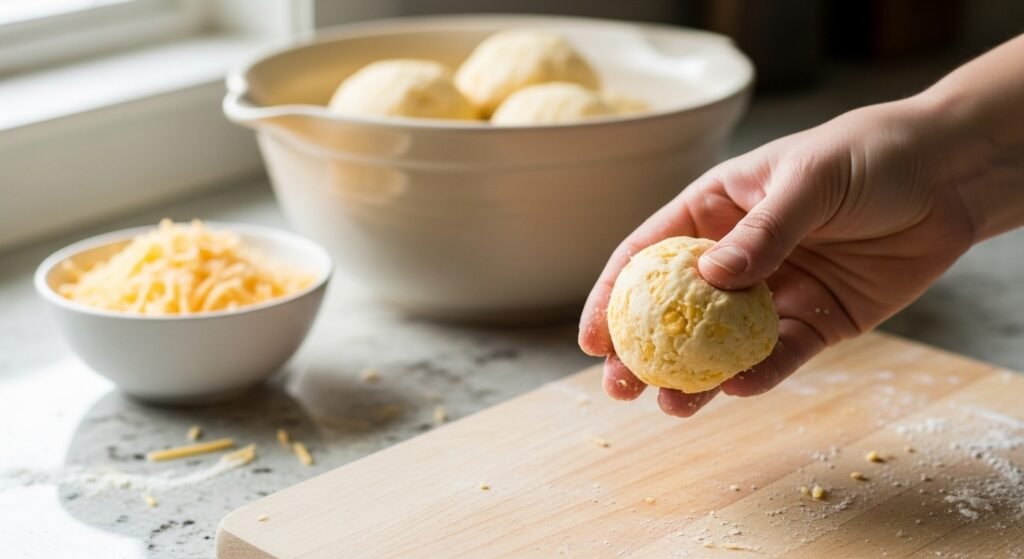 Mãos modelando bolinhas de pão de queijo para a air fryer