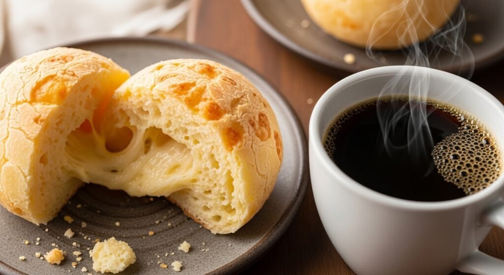 Pão de queijo na air fryer cortado ao meio, mostrando a textura macia e o queijo derretido por dentro