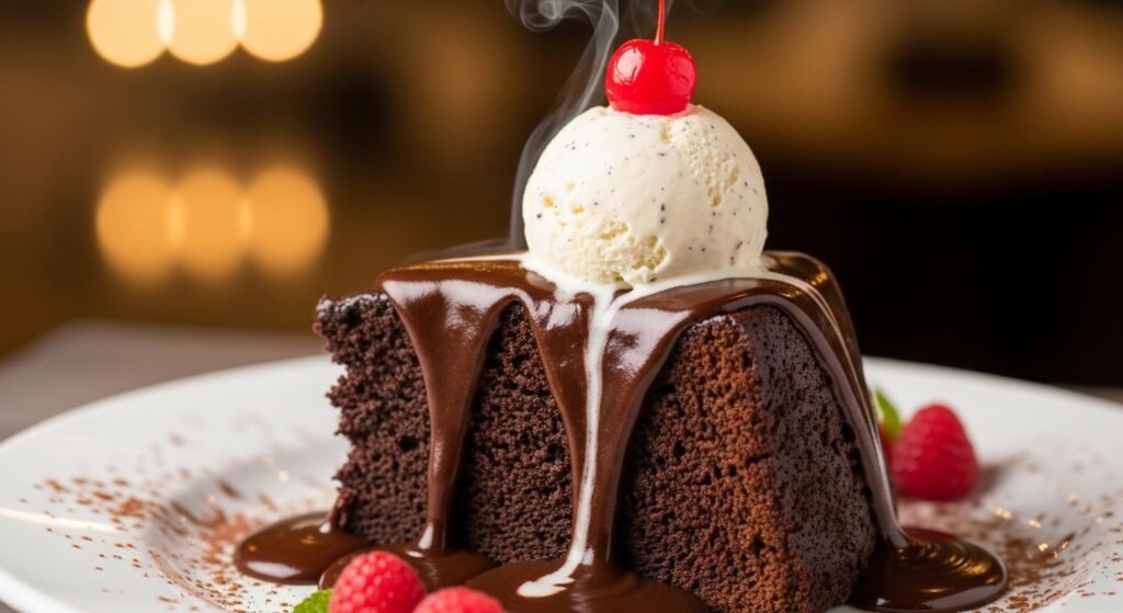 Uma fatia de bolo vulcão de chocolate com calda escorrendo