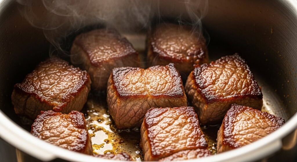 Cubos de carne de acém dourando no fundo de uma panela de pressão para a receita de carne de panela que desmancha.