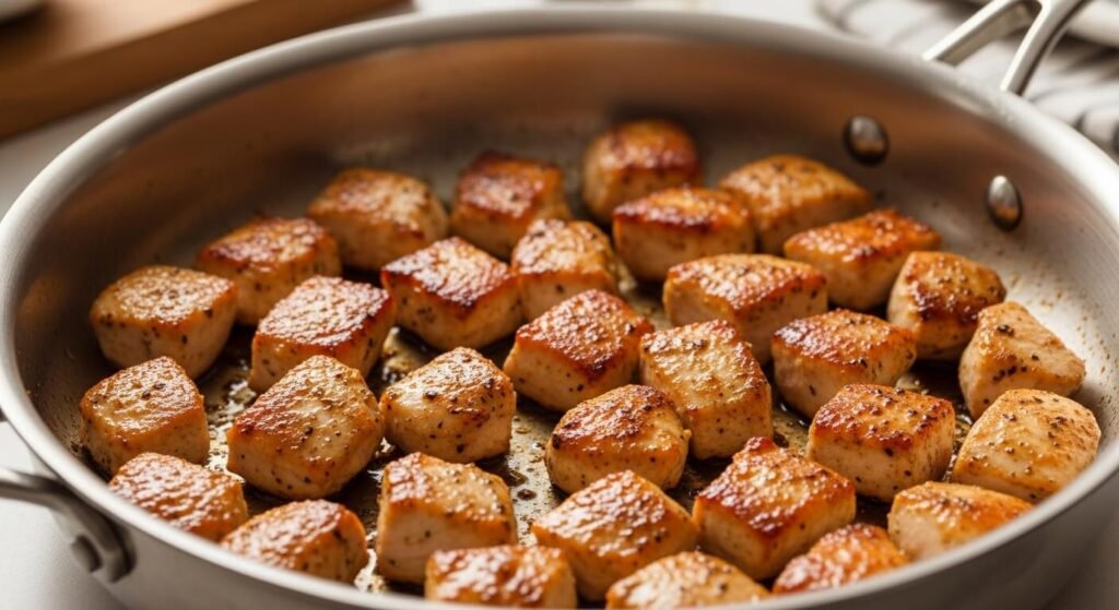 Pedaços de frango dourando em uma frigideira funda para a receita de strogonoff de frango cremoso.