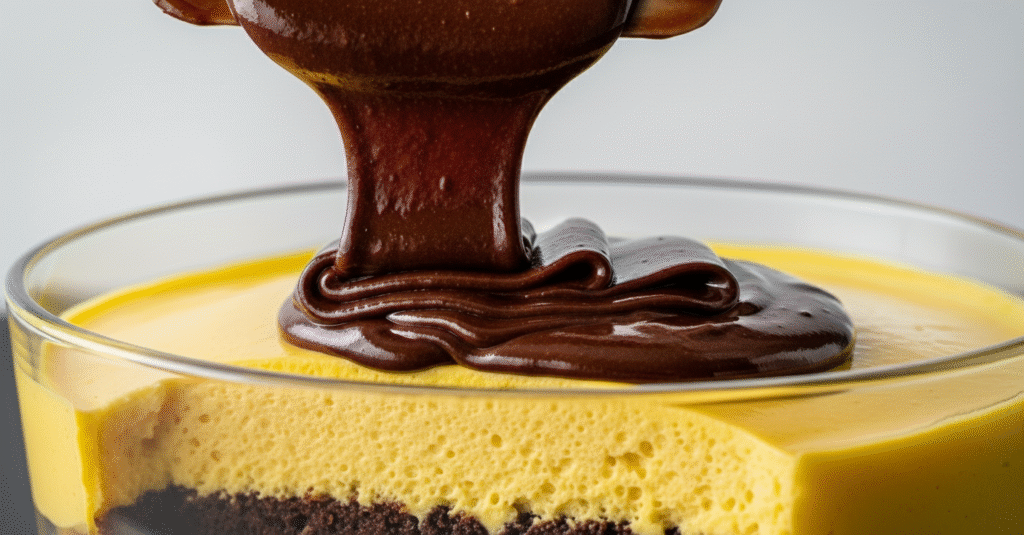 Ganache de chocolate brilhante sendo derramada sobre a camada de mousse de maracujá já firme em uma travessa de vidro.
