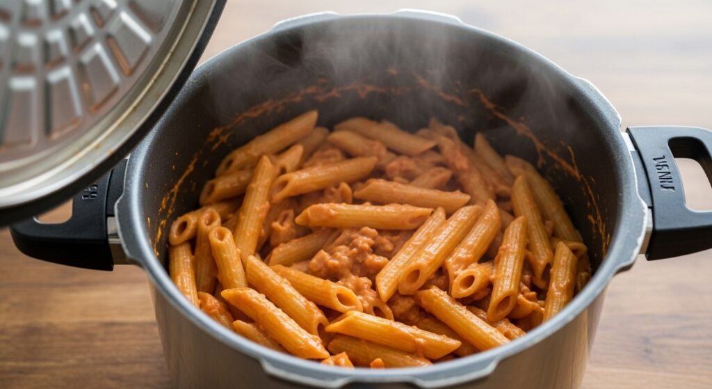 Panela de pressão aberta mostrando o macarrão cremoso tipo penne, envolto em um molho vermelho aveludado, logo após o cozimento.
