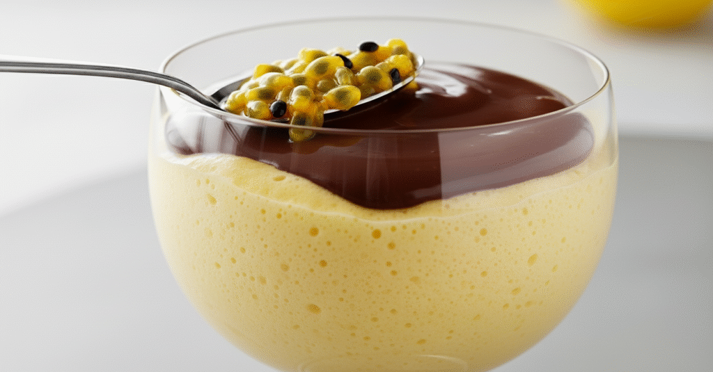 Taça de sobremesa de vidro com camadas perfeitas de mousse de maracujá e ganache de chocolate, decorada com sementes de maracujá por cima.

