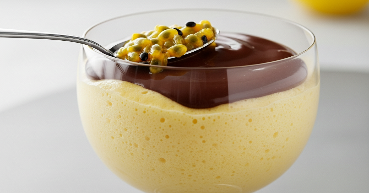 Taça de sobremesa de vidro com camadas perfeitas de mousse de maracujá e ganache de chocolate, decorada com sementes de maracujá por cima.