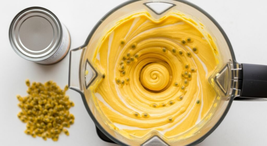 Ingredientes para o mousse de maracujá, como leite condensado e polpa de maracujá, sendo batidos em um liquidificador.
