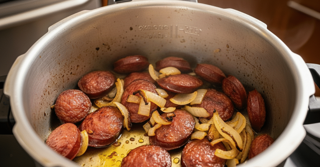 Linguiça calabresa e cebola dourando no fundo de uma panela de pressão aberta, a base para a receita de macarrão cremoso.
