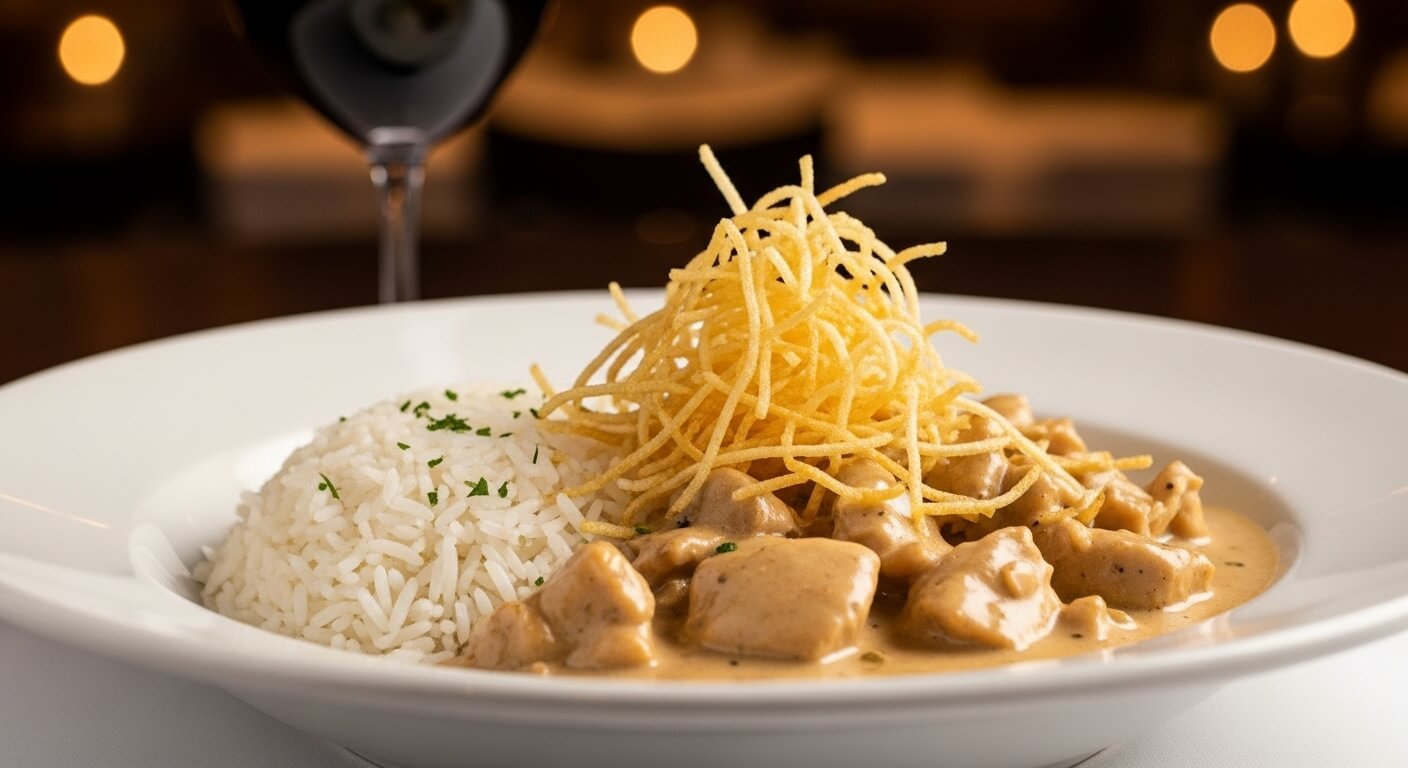 Prato fundo com strogonoff de frango super cremoso servido sobre arroz branco, finalizado com batata palha crocante por cima.