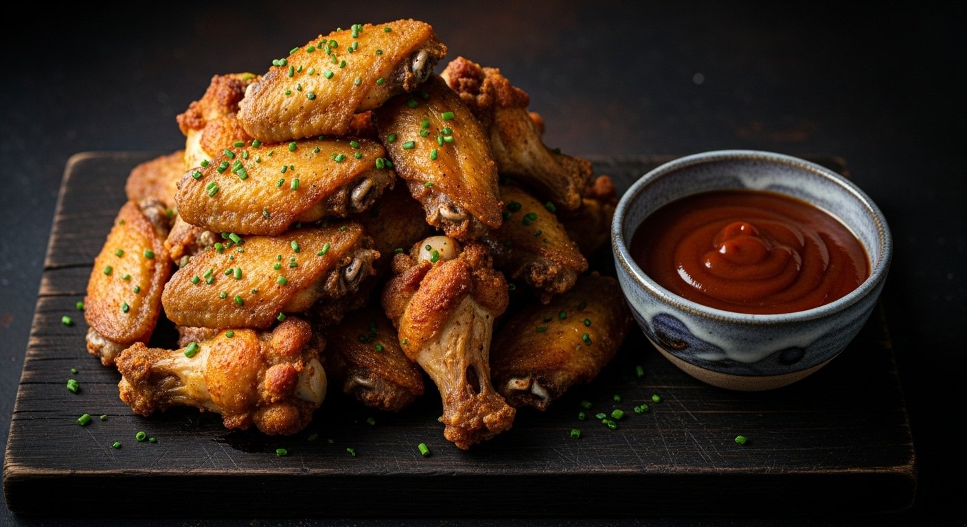Uma porção generosa de asinhas de frango crocantes em uma travessa, com um molho barbecue ao lado.