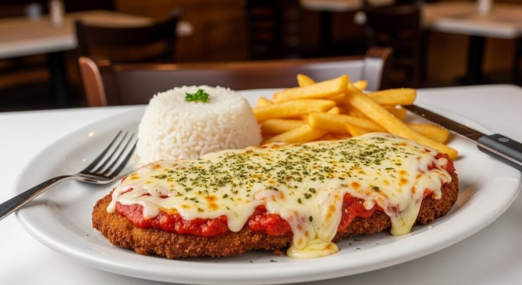 Prato branco com um bife à parmegiana de frigideira suculento, servido com arroz branco e batata frita ao lado.