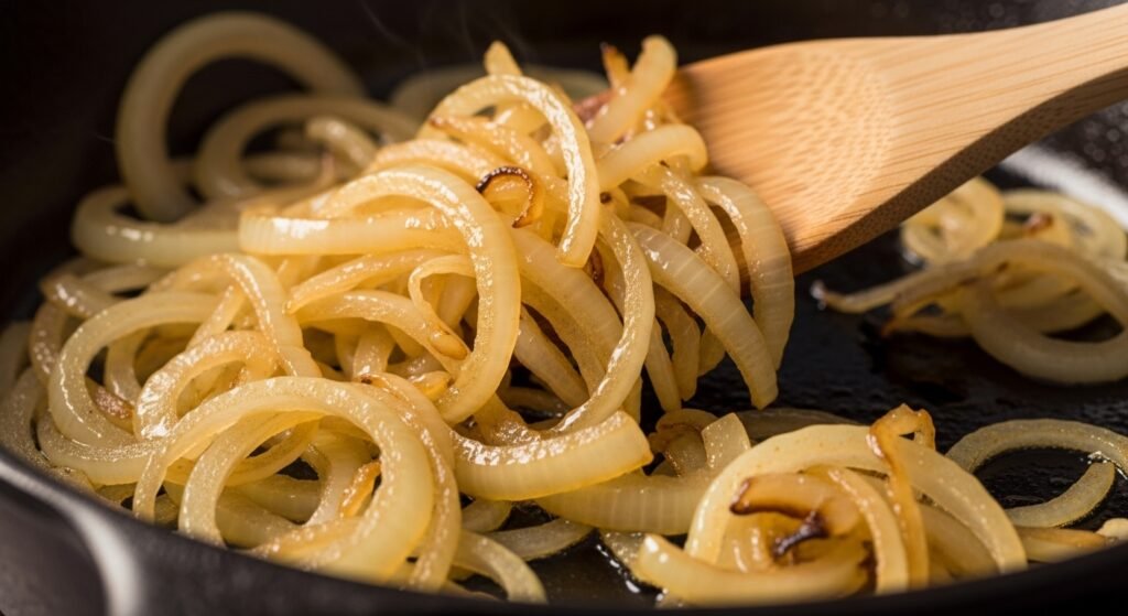 Close-up de cebolas em processo de caramelização, já com uma cor dourada e reduzidas em volume na frigideira.
