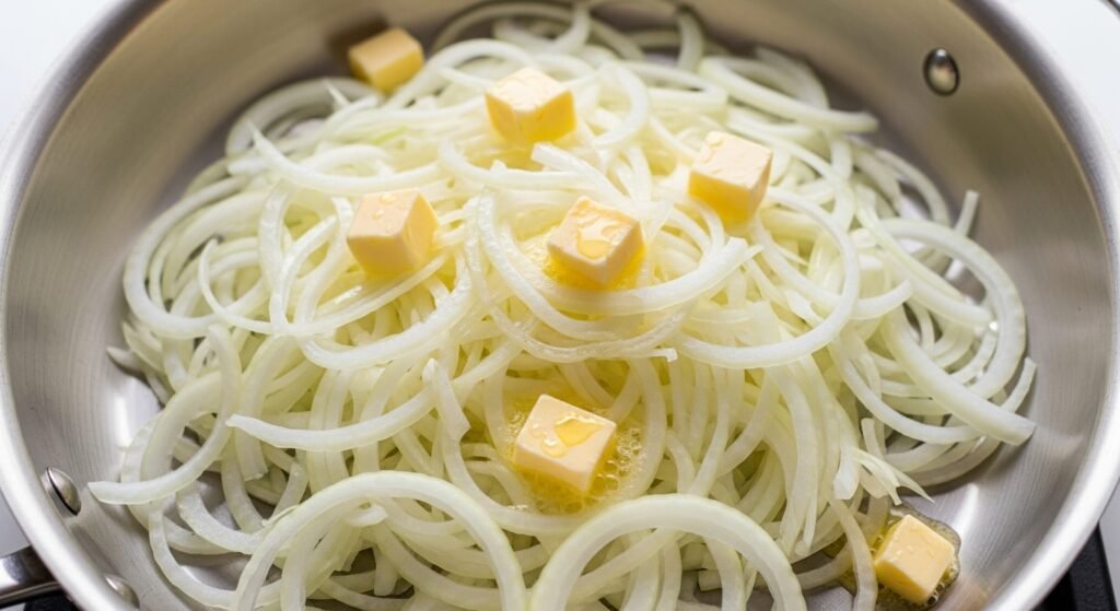 Uma montanha de cebolas brancas fatiadas em uma frigideira grande com manteiga derretida, antes de começar a caramelizar.
