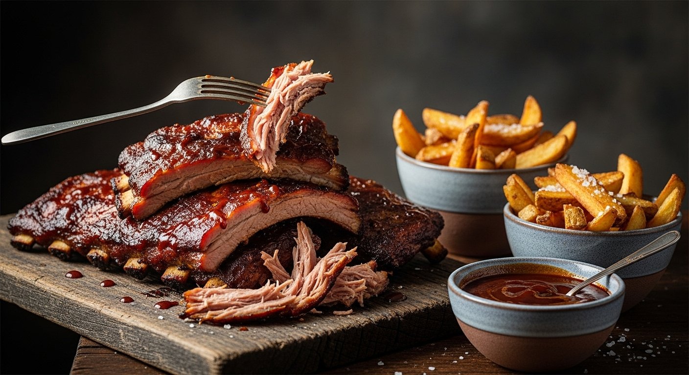 Pedaço de costelinha ao molho barbecue sendo levantado de uma tábua, com a carne soltando do osso.