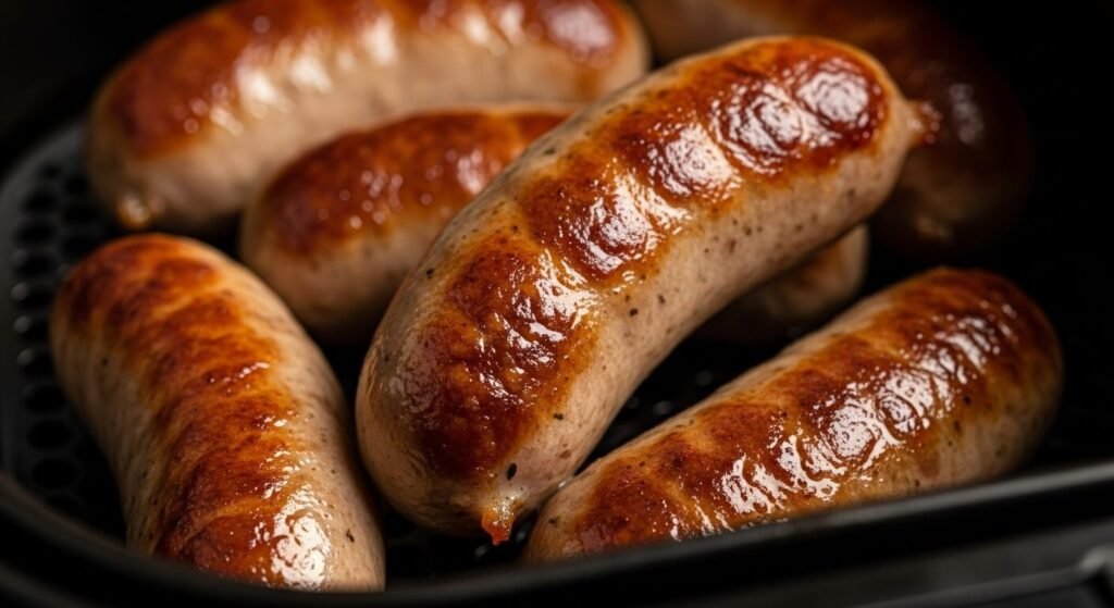 Gomos de linguiça toscana perfeitamente dourados e suculentos dentro do cesto da air fryer após o cozimento.