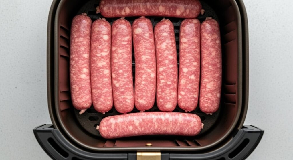 Gomos de linguiça toscana crua, arrumados dentro do cesto da air fryer antes de assar.