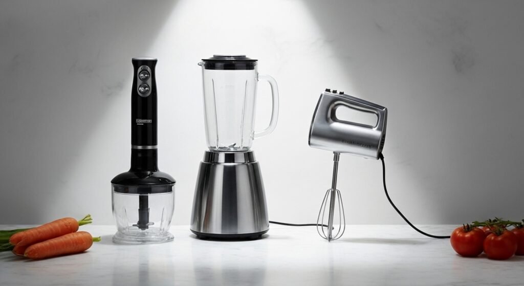 Um liquidificador e um mixer de mão posicionados lado a lado em uma bancada de cozinha, como se estivessem em um ringue de boxe.
