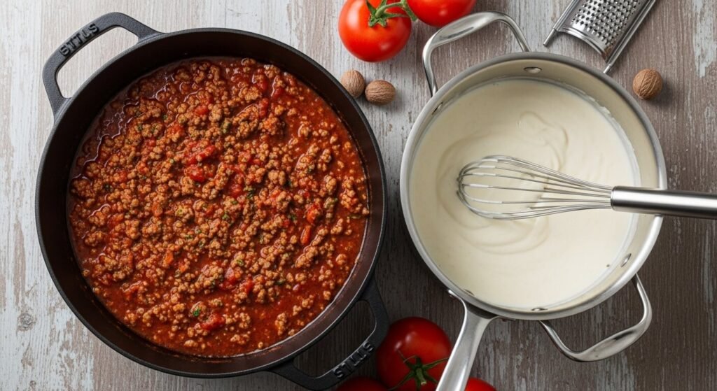 Duas panelas lado a lado: uma com um rico molho à bolonhesa vermelho e outra com um molho branco béchamel cremoso.
