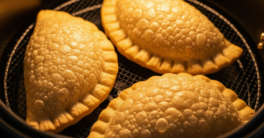 Close-up de pastéis dourando e inflando dentro do cesto da air fryer.
