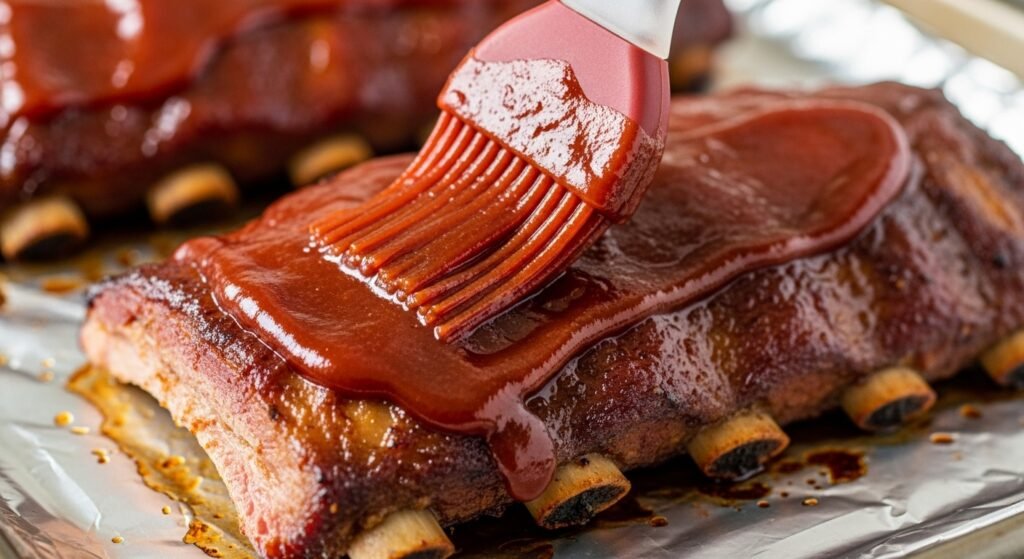 Close-up de um pincel de cozinha espalhando molho barbecue sobre uma costelinha de porco já assada em uma assadeira.
