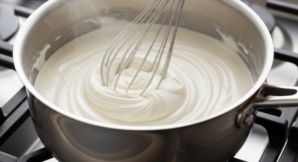 Creme branco e liso do manjar engrossando em uma panela, sendo mexido com um fouet.