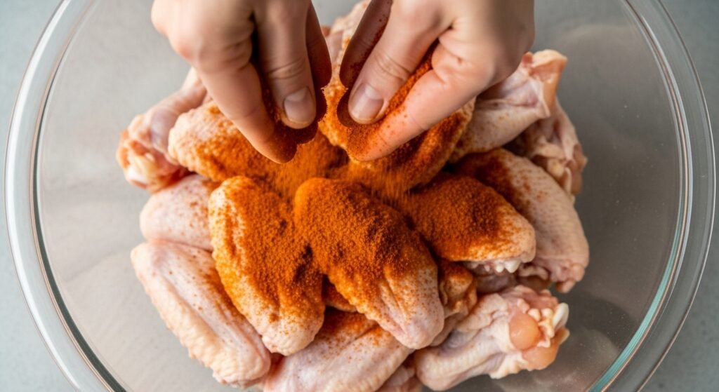 Asinhas de frango cruas em uma tigela sendo temperadas com páprica e outros temperos secos.