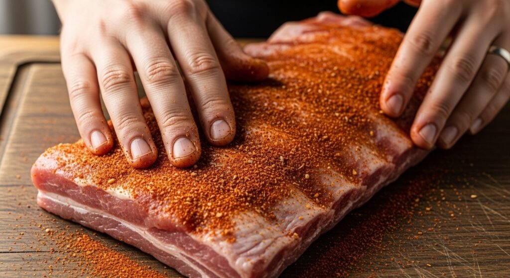 Mãos esfregando temperos secos em uma peça de costelinha de porco crua sobre uma tábua de madeira.
