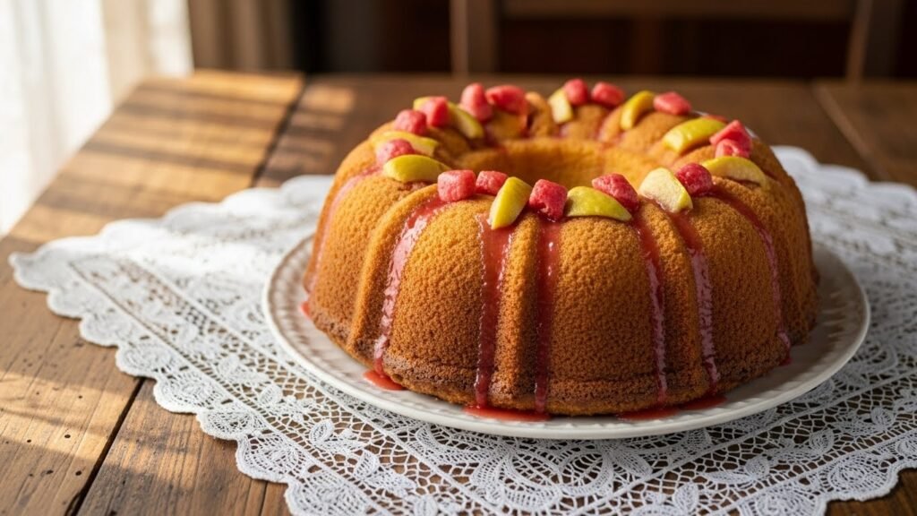 Bolo de fubá com goiabada inteiro sobre mesa de madeira rústica, pronto para o café da tarde.