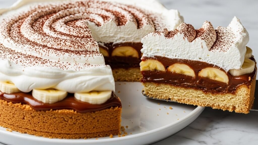 Fatia de Banoffee Pie mostrando as camadas de biscoito, doce de leite, banana e chantilly.