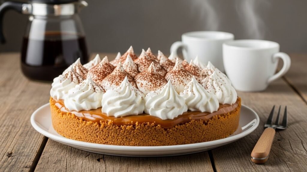 Torta Banoffee Pie inteira e decorada com chantilly e cacau em pó, pronta para servir