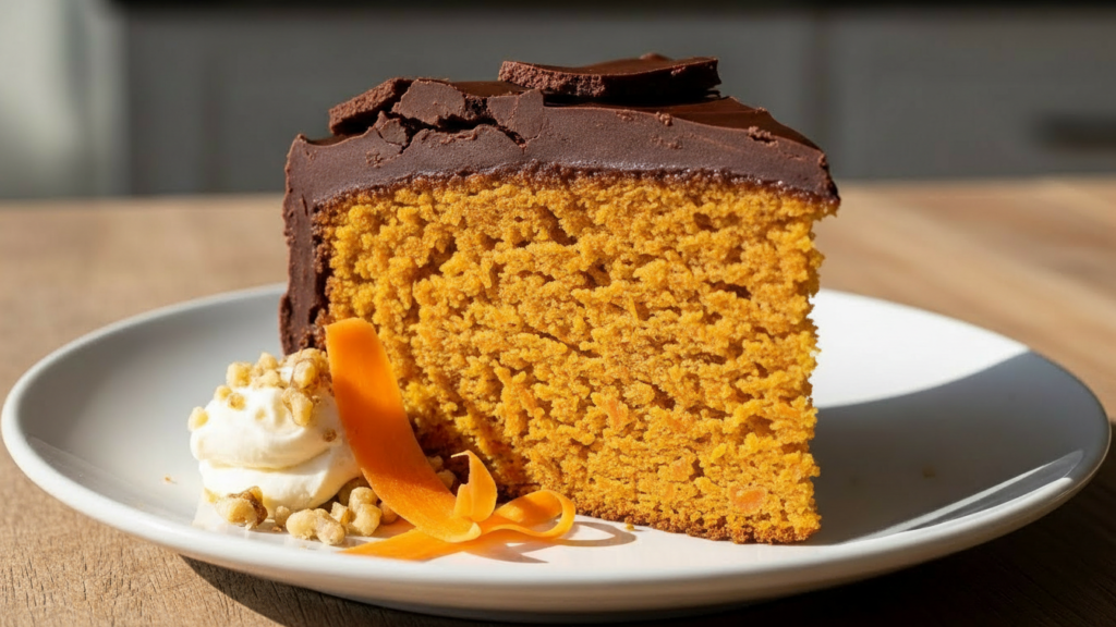 Fatia de bolo de cenoura fofinho com cobertura de chocolate quebradiça e crocante.