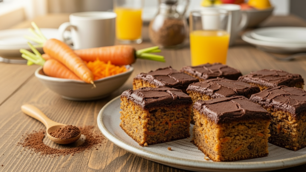 Bolo de cenoura cortado em quadrados na assadeira, mostrando a casquinha de chocolate perfeita.