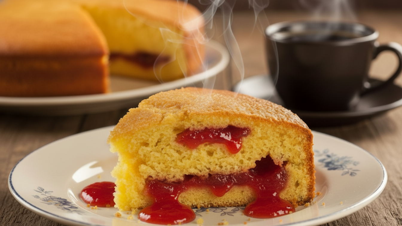 Fatia de bolo de fubá fofinho com pedaços de goiabada derretida saindo fumaça, servido com café.