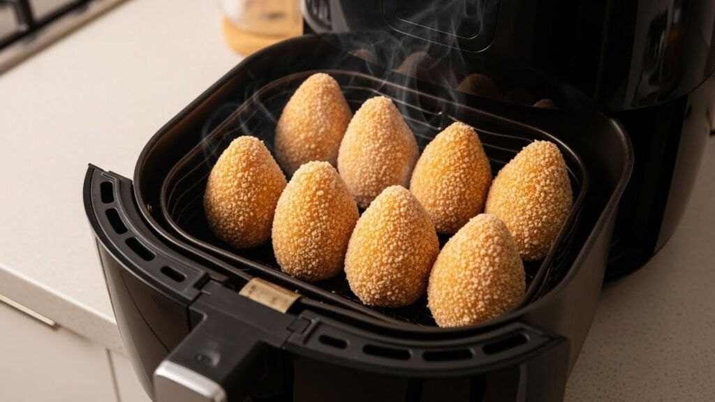Cesto da Air Fryer aberto com várias coxinhas de mandioca douradas e crocantes recém-assadas, soltando vapor.