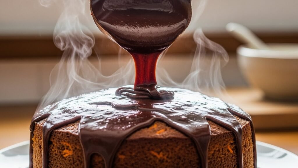Calda de chocolate quente sendo despejada sobre o bolo de cenoura recém-assado.