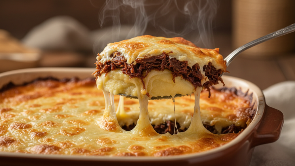 Colher servindo uma porção generosa de escondidinho de carne seca, mostrando o queijo derretido e o recheio.