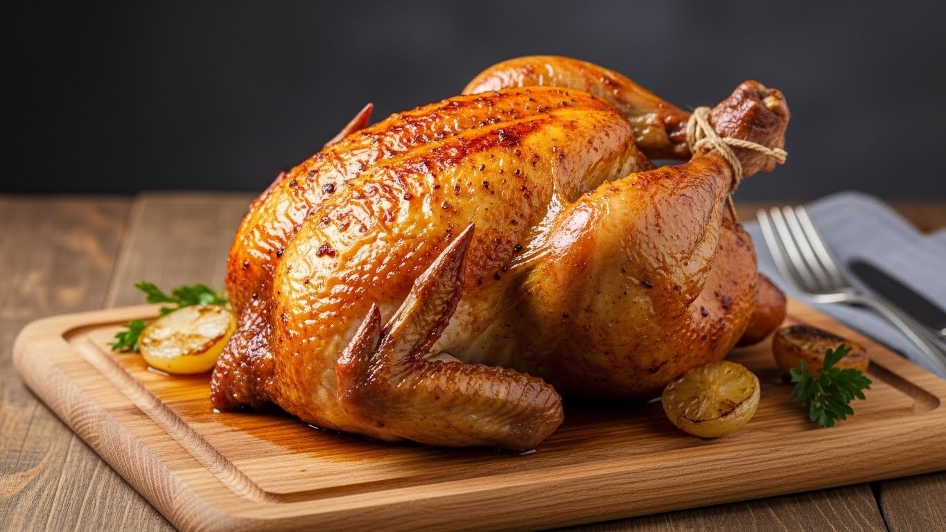 Frango de air fryer em tábua rústica mostrando a suculência da carne.)