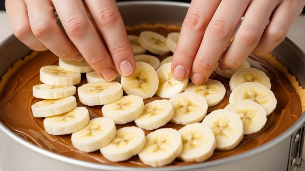 Mãos arrumando fatias de banana sobre doce de leite na montagem de uma Banoffee Pie.