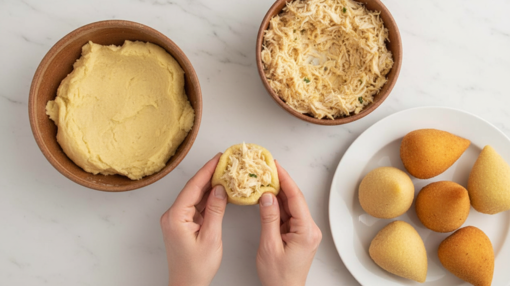 Mãos modelando uma coxinha de mandioca, com ingredientes e outras coxinhas prontas sobre uma bancada de mármore.