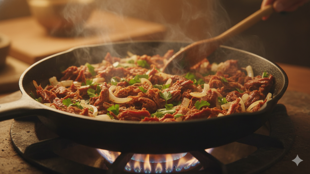 Carne seca desfiada sendo refogada na panela com temperos frescos.
