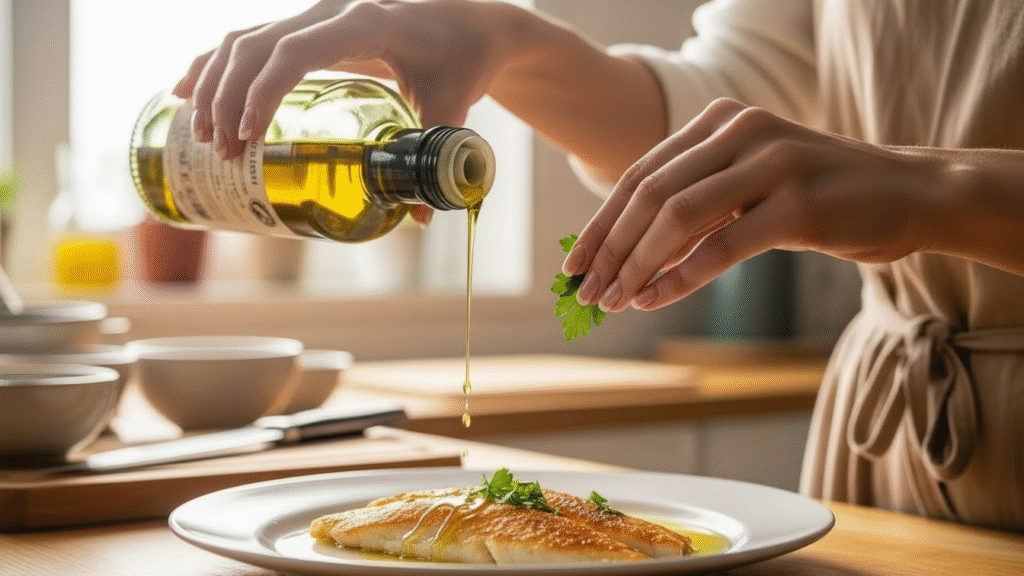 Mão finalizando prato de tilápia saudável com azeite e ervas frescas.