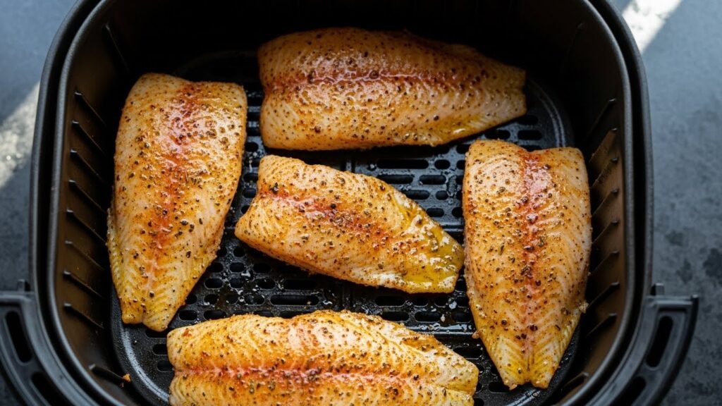 tilapia-dentro-da-air-fryer.jpg | Alt: Filés de peixe tilápia dourando dentro do cesto da air fryer.