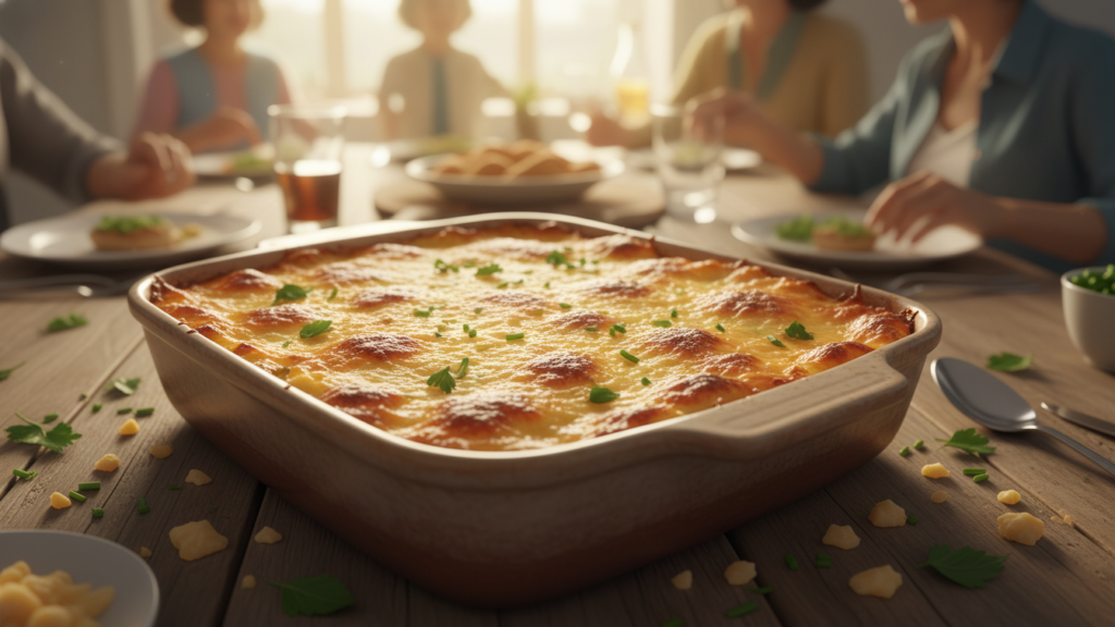 Travessa de escondidinho de carne seca com crosta de queijo dourada servida à mesa.