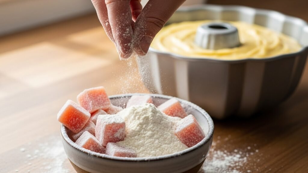 Cubos de goiabada sendo empanados na farinha de trigo, o segredo para não afundarem no bolo.